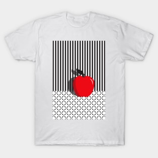 Red Pop Art Apple on black and white stripes and pattern T-Shirt